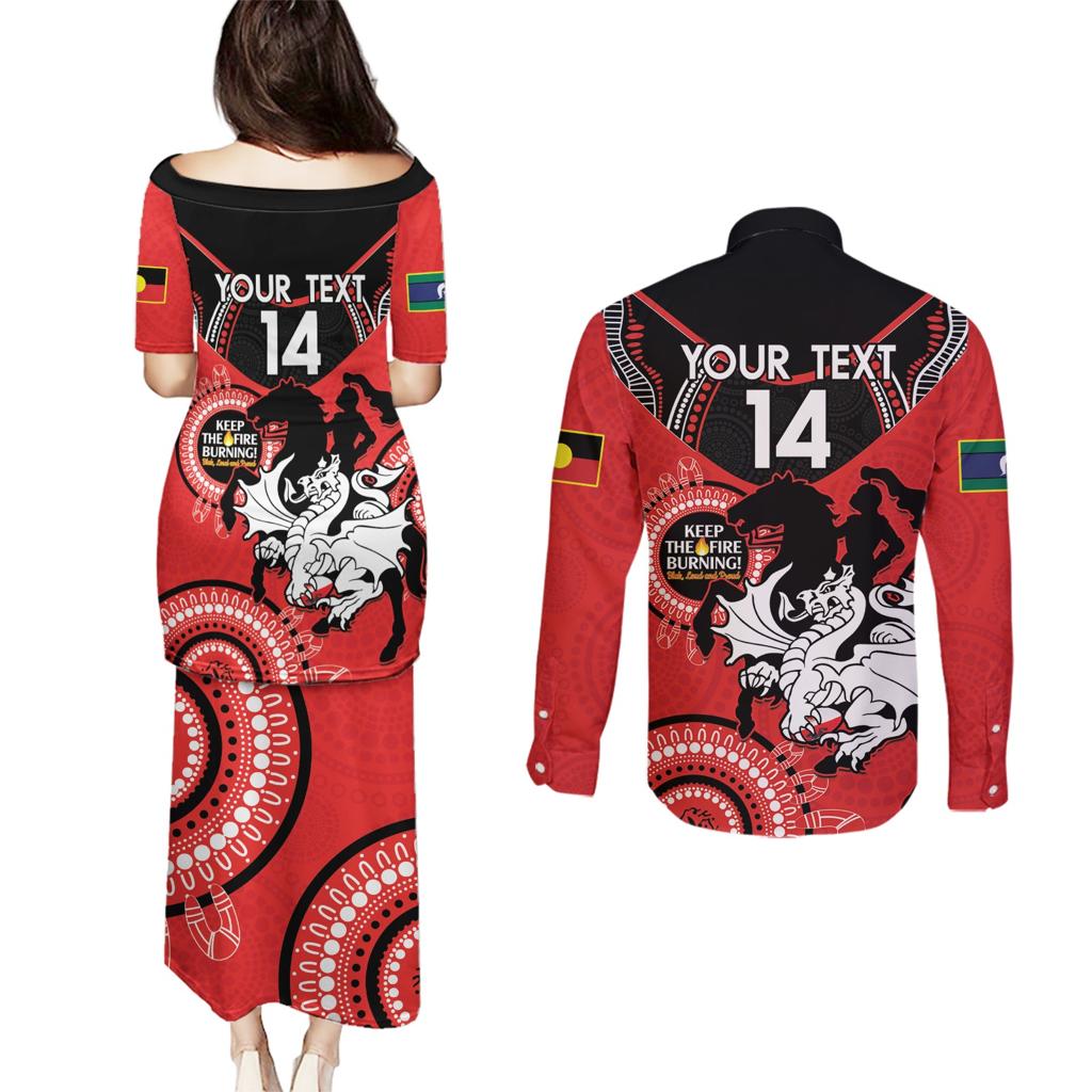 Custom NRL Dragons NAIDOC Week Couples Matching Puletasi and Long Sleeve Button Shirt Keep The Fire Burning Indigenous Art