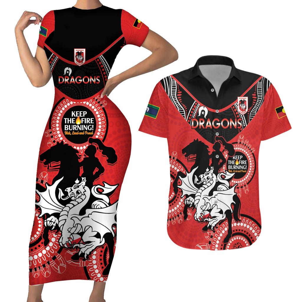 Custom NRL Dragons NAIDOC Week Couples Matching Short Sleeve Bodycon Dress and Hawaiian Shirt Keep The Fire Burning Indigenous Art