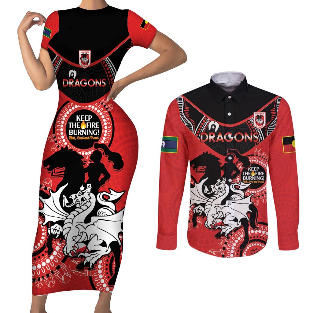 Custom NRL Dragons NAIDOC Week Couples Matching Short Sleeve Bodycon Dress and Long Sleeve Button Shirt Keep The Fire Burning Indigenous Art