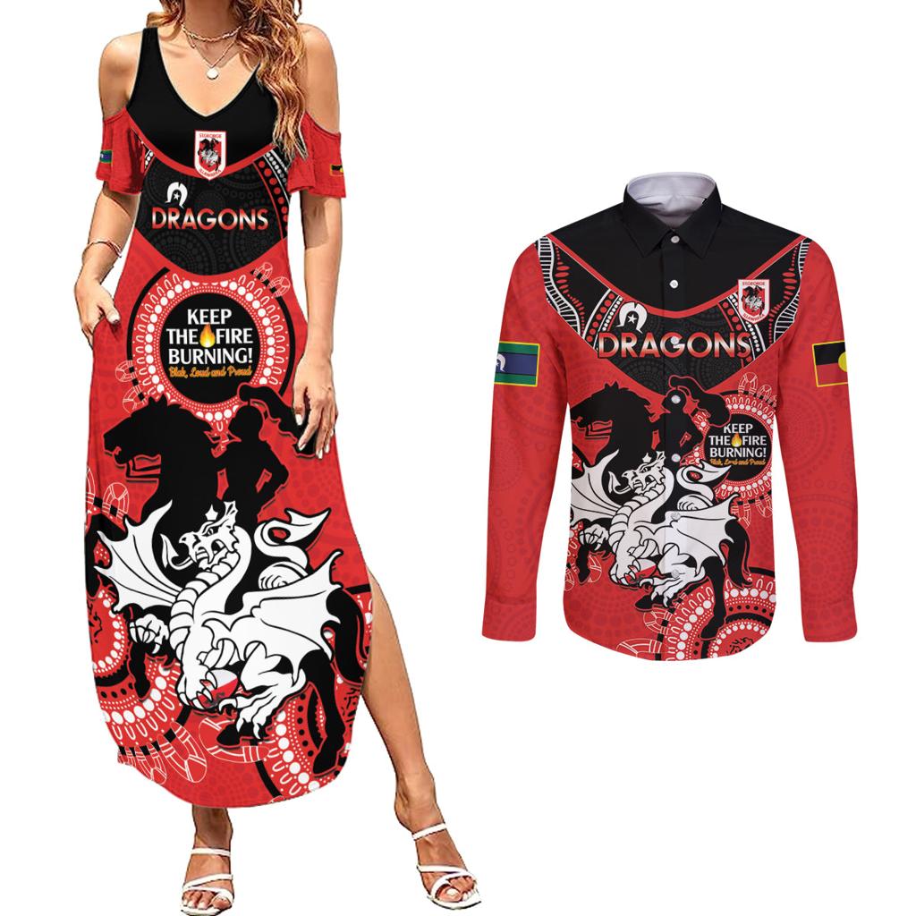 Custom NRL Dragons NAIDOC Week Couples Matching Summer Maxi Dress and Long Sleeve Button Shirt Keep The Fire Burning Indigenous Art