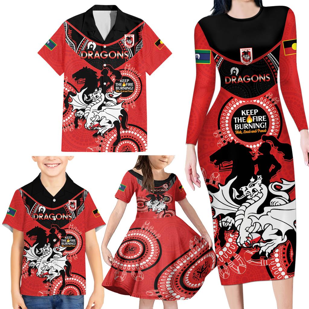 Custom NRL Dragons NAIDOC Week Family Matching Long Sleeve Bodycon Dress and Hawaiian Shirt Keep The Fire Burning Indigenous Art