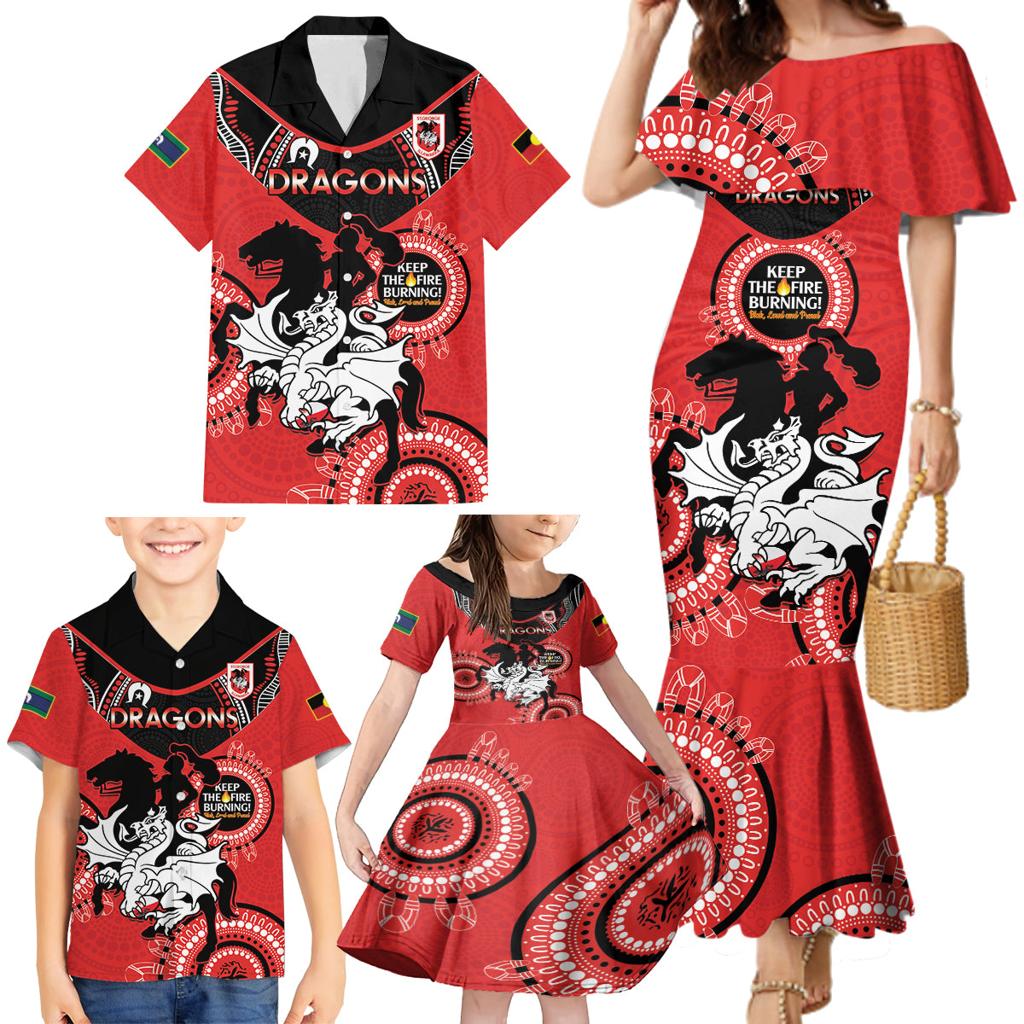 Custom NRL Dragons NAIDOC Week Family Matching Mermaid Dress and Hawaiian Shirt Keep The Fire Burning Indigenous Art