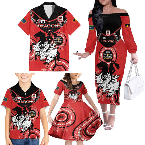 Custom NRL Dragons NAIDOC Week Family Matching Off The Shoulder Long Sleeve Dress and Hawaiian Shirt Keep The Fire Burning Indigenous Art