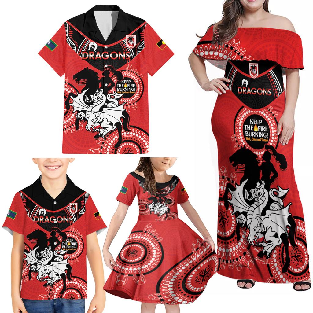 Custom NRL Dragons NAIDOC Week Family Matching Off Shoulder Maxi Dress and Hawaiian Shirt Keep The Fire Burning Indigenous Art