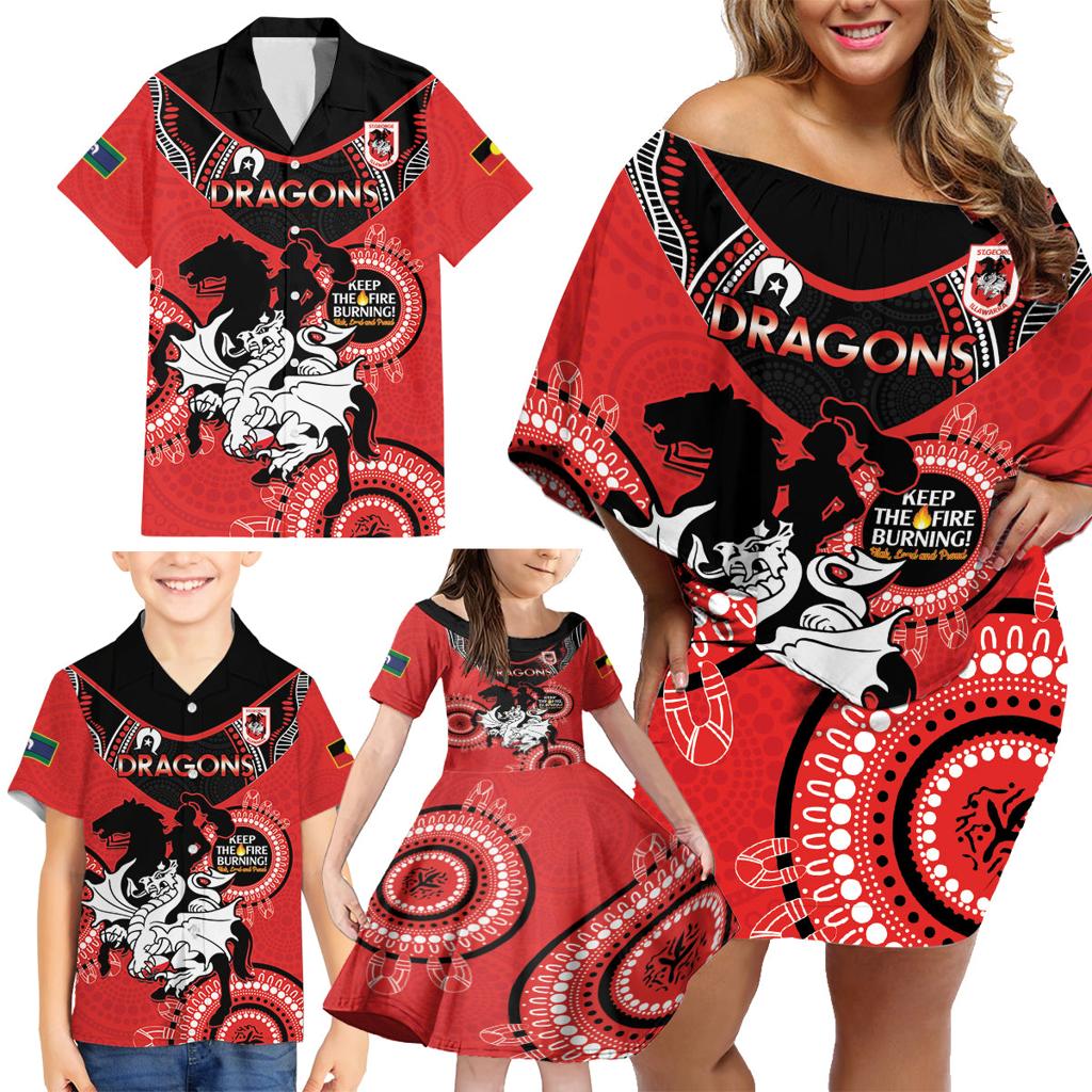 Custom NRL Dragons NAIDOC Week Family Matching Off Shoulder Short Dress and Hawaiian Shirt Keep The Fire Burning Indigenous Art