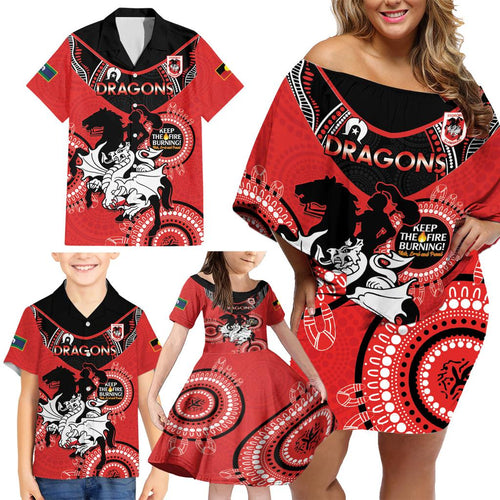 Custom NRL Dragons NAIDOC Week Family Matching Off Shoulder Short Dress and Hawaiian Shirt Keep The Fire Burning Indigenous Art