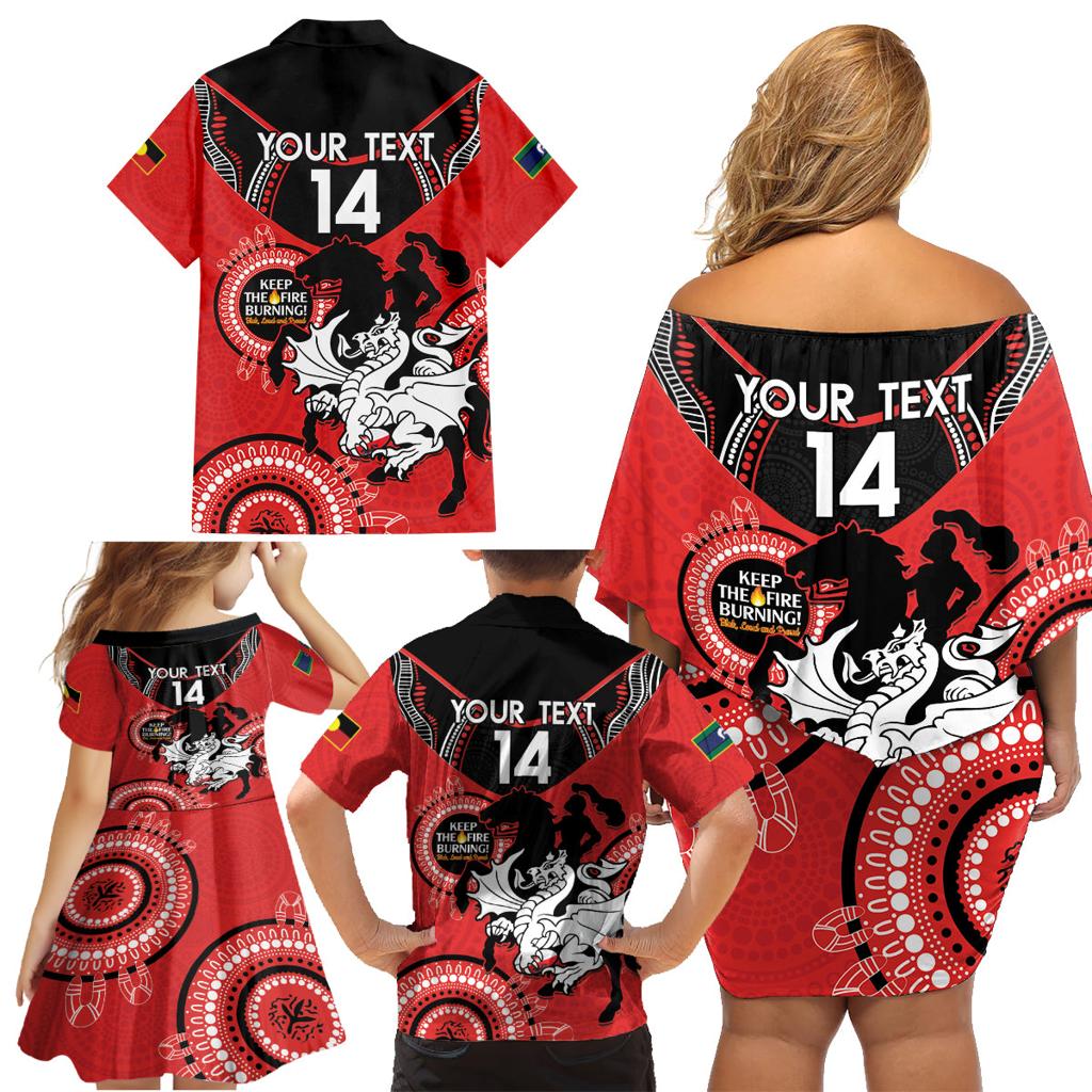 Custom NRL Dragons NAIDOC Week Family Matching Off Shoulder Short Dress and Hawaiian Shirt Keep The Fire Burning Indigenous Art