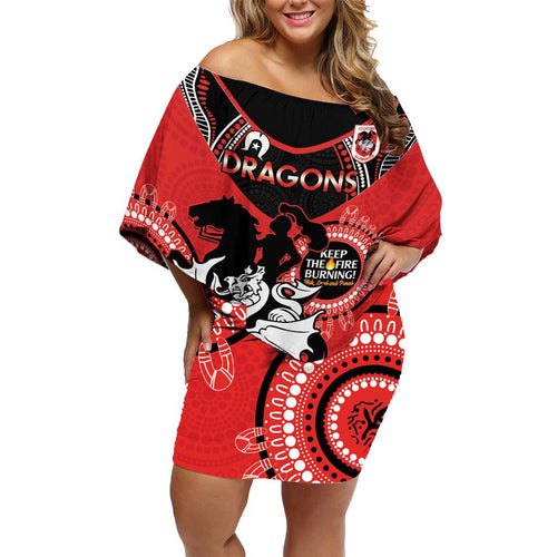 Custom NRL Dragons NAIDOC Week Family Matching Off Shoulder Short Dress and Hawaiian Shirt Keep The Fire Burning Indigenous Art