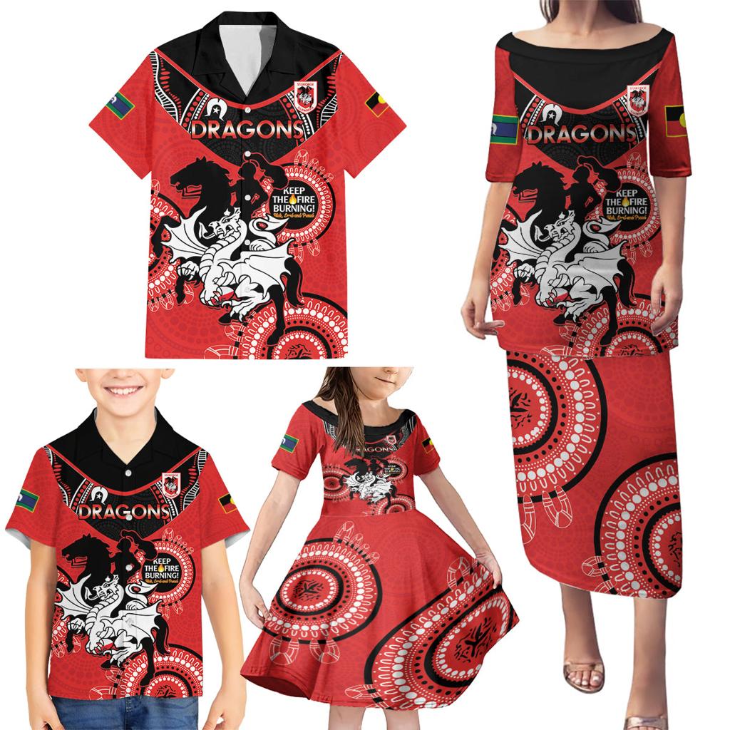 Custom NRL Dragons NAIDOC Week Family Matching Puletasi and Hawaiian Shirt Keep The Fire Burning Indigenous Art