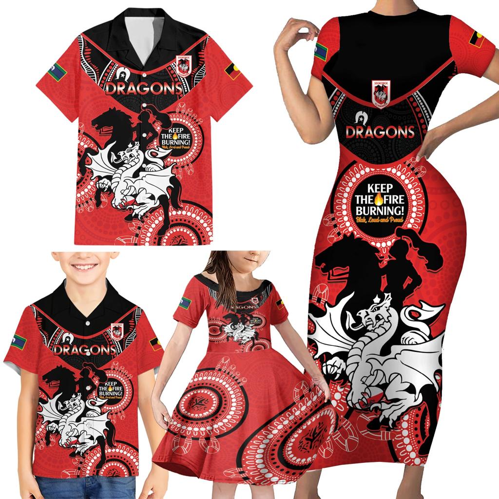 Custom NRL Dragons NAIDOC Week Family Matching Short Sleeve Bodycon Dress and Hawaiian Shirt Keep The Fire Burning Indigenous Art