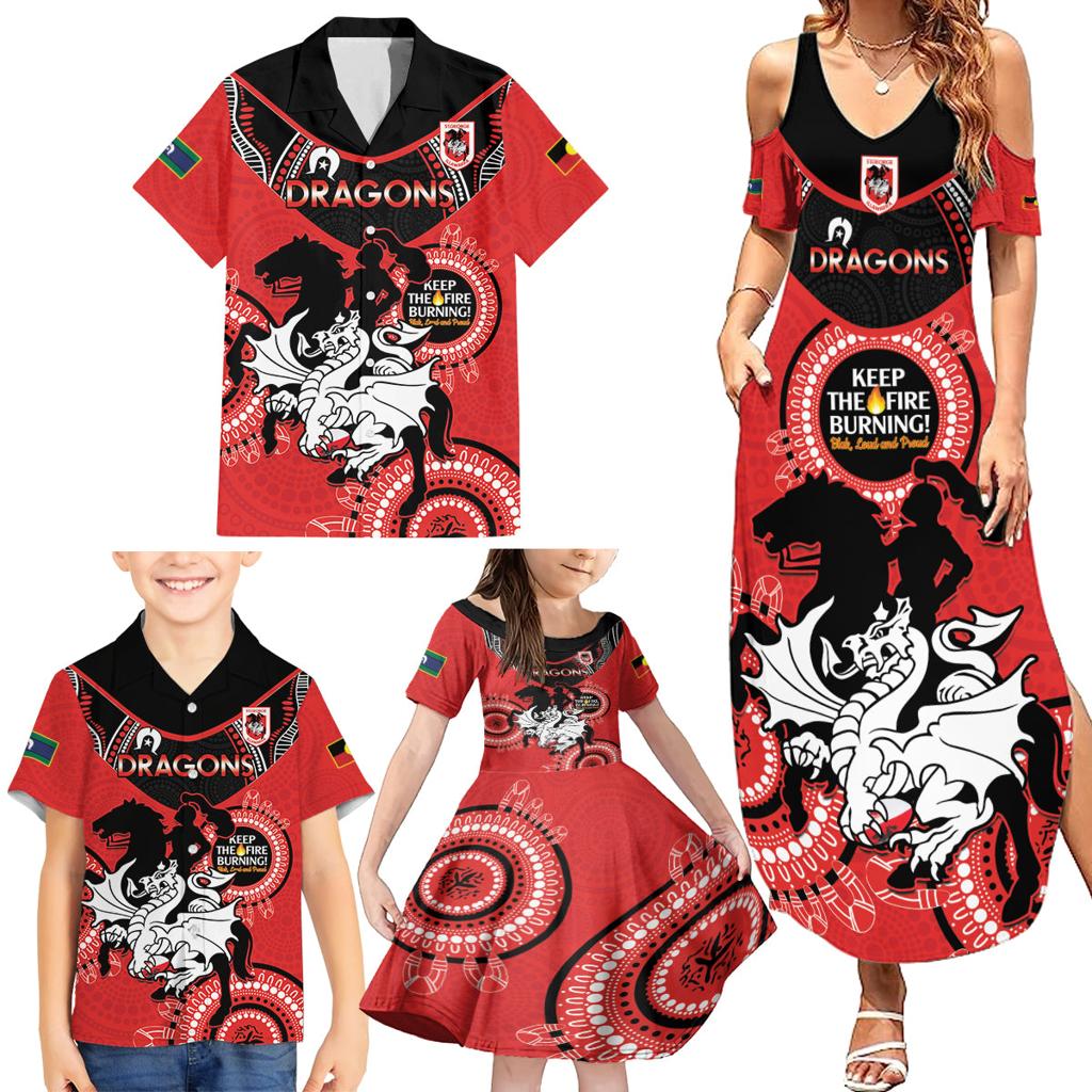 Custom NRL Dragons NAIDOC Week Family Matching Summer Maxi Dress and Hawaiian Shirt Keep The Fire Burning Indigenous Art