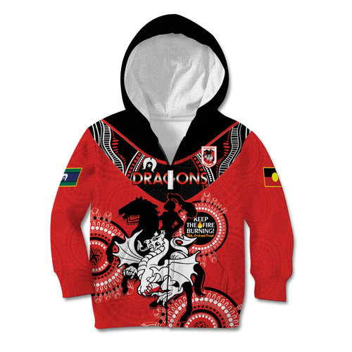 Custom NRL Dragons NAIDOC Week Kid Hoodie Keep The Fire Burning Indigenous Art