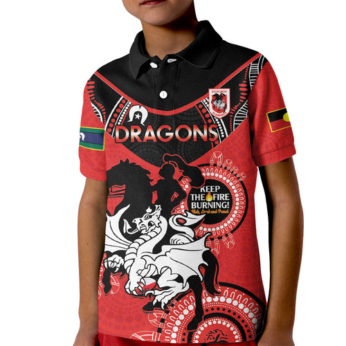 Custom NRL Dragons NAIDOC Week Kid Polo Shirt Keep The Fire Burning Indigenous Art