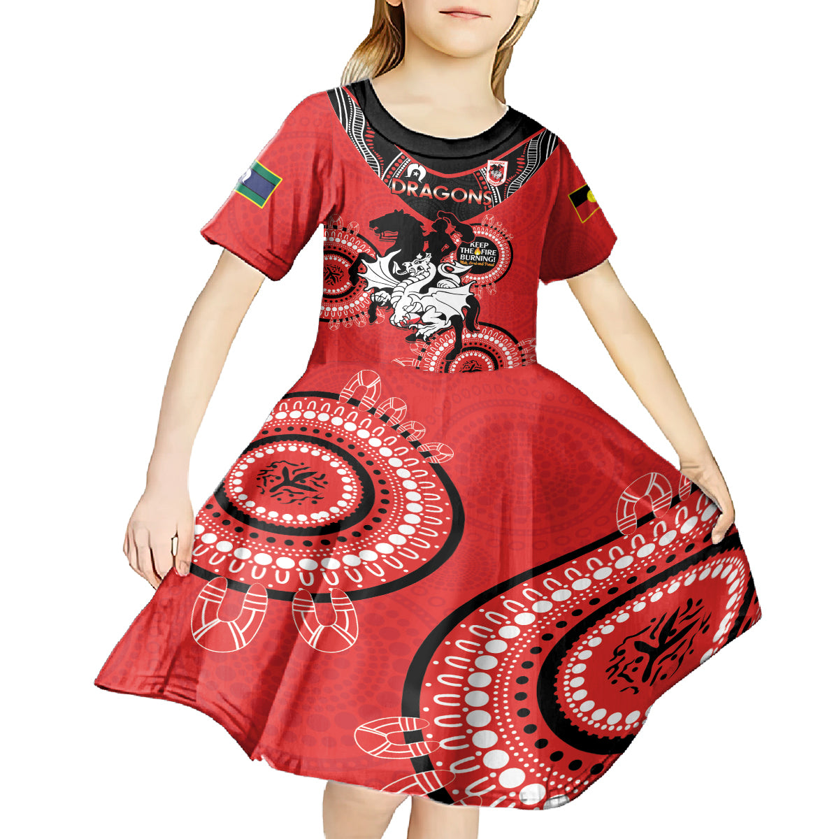 Custom NRL Dragons NAIDOC Week Kid Short Sleeve Dress Keep The Fire Burning Indigenous Art