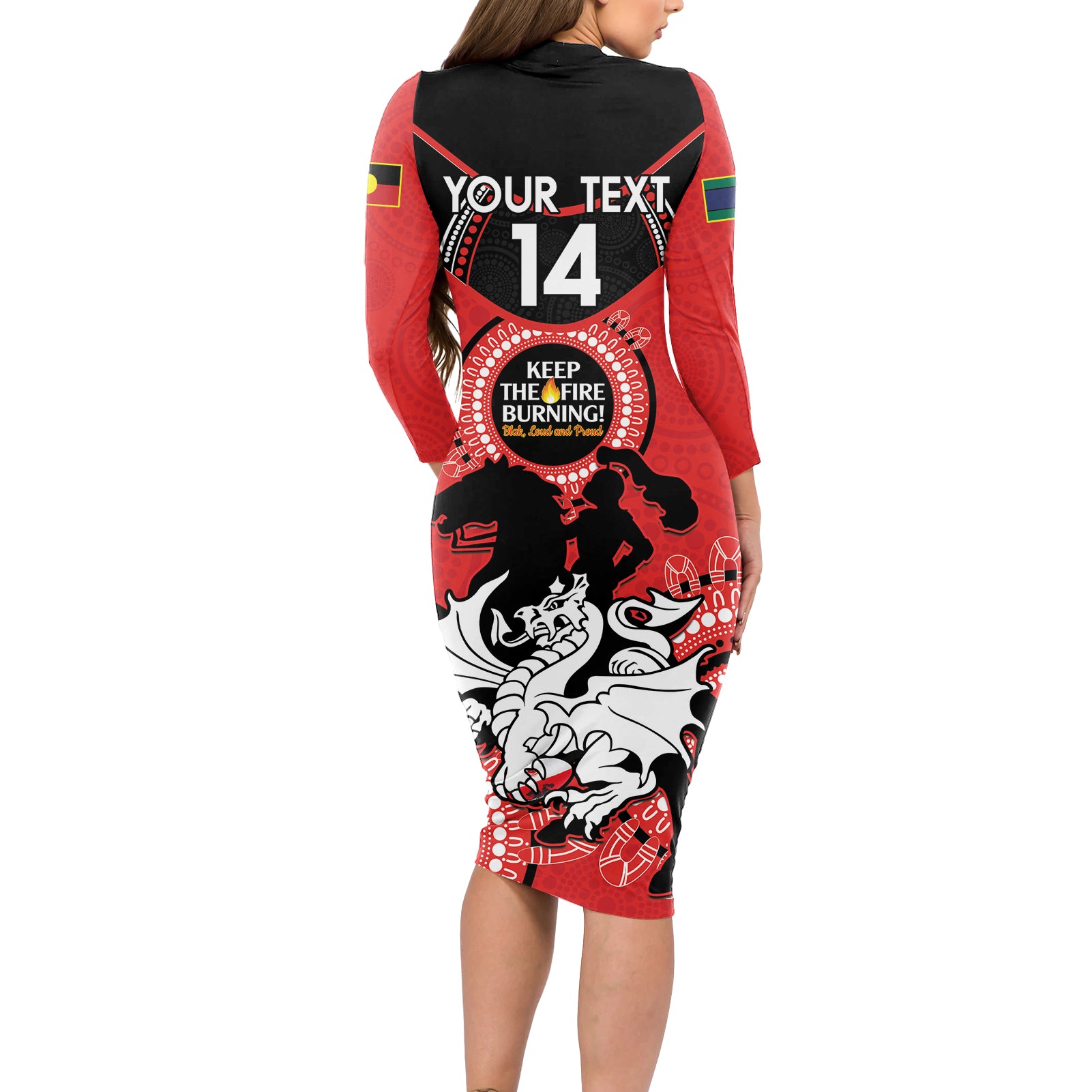 Custom NRL Dragons NAIDOC Week Long Sleeve Bodycon Dress Keep The Fire Burning Indigenous Art
