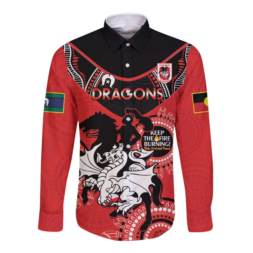 Custom NRL Dragons NAIDOC Week Long Sleeve Button Shirt Keep The Fire Burning Indigenous Art