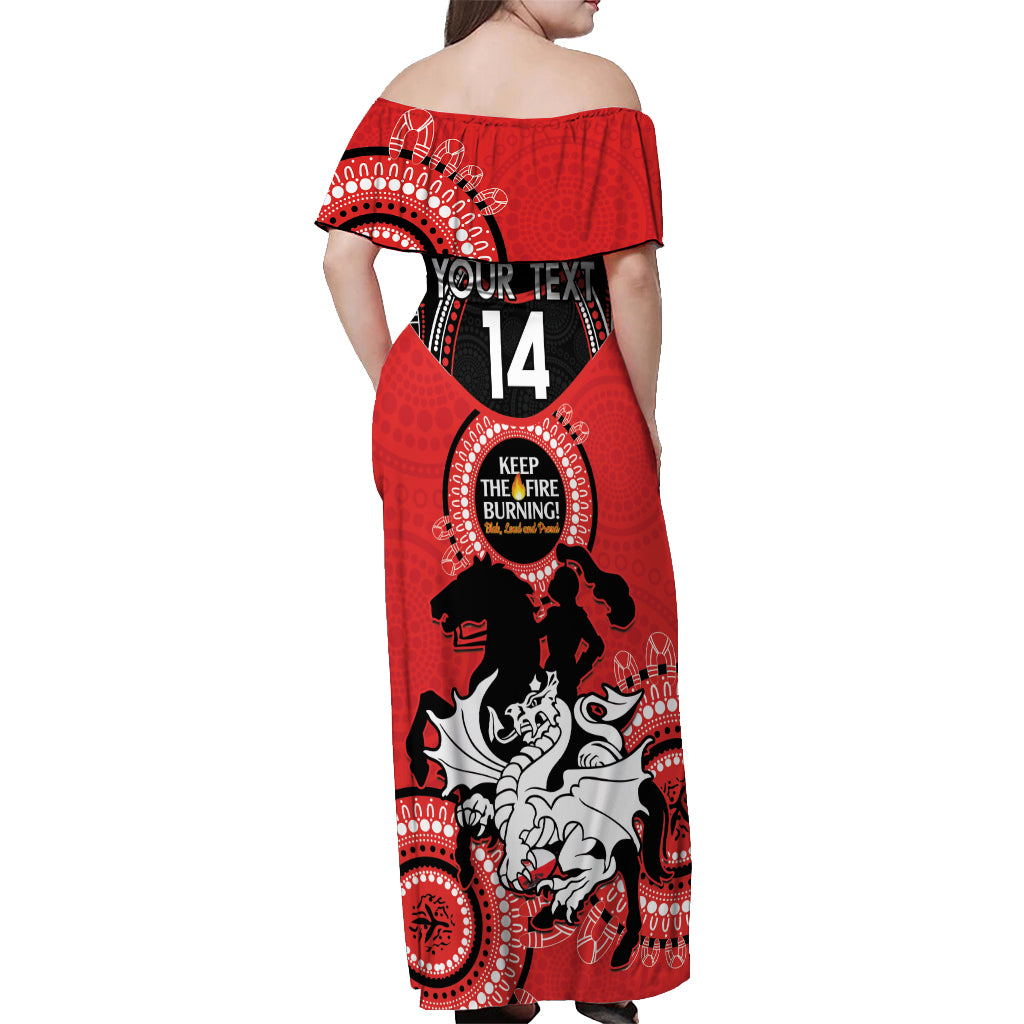 Custom NRL Dragons NAIDOC Week Off Shoulder Maxi Dress Keep The Fire Burning Indigenous Art