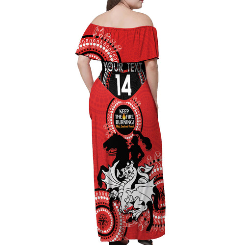 Custom NRL Dragons NAIDOC Week Off Shoulder Maxi Dress Keep The Fire Burning Indigenous Art