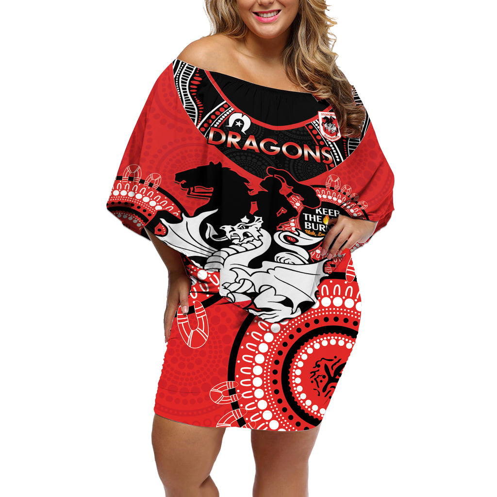 Custom NRL Dragons NAIDOC Week Off Shoulder Short Dress Keep The Fire Burning Indigenous Art