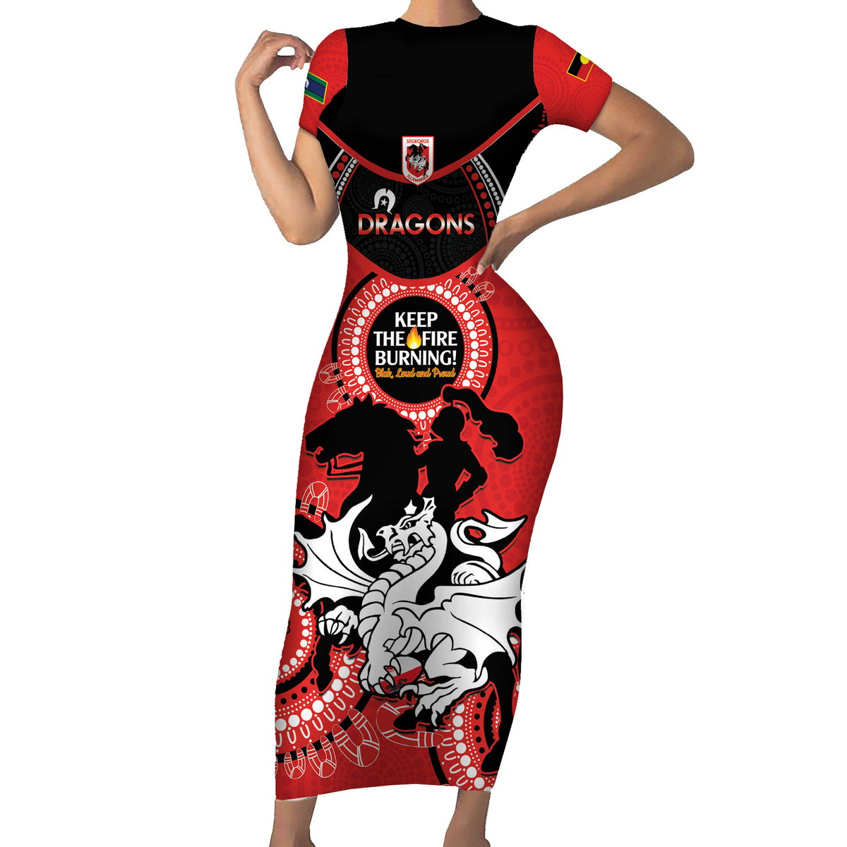 Custom NRL Dragons NAIDOC Week Short Sleeve Bodycon Dress Keep The Fire Burning Indigenous Art