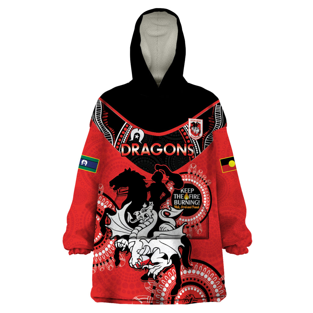 Custom NRL Dragons NAIDOC Week Wearable Blanket Hoodie Keep The Fire Burning Indigenous Art