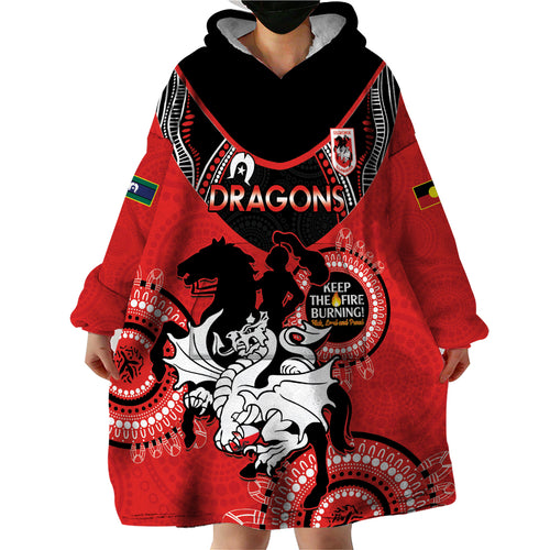 Custom NRL Dragons NAIDOC Week Wearable Blanket Hoodie Keep The Fire Burning Indigenous Art