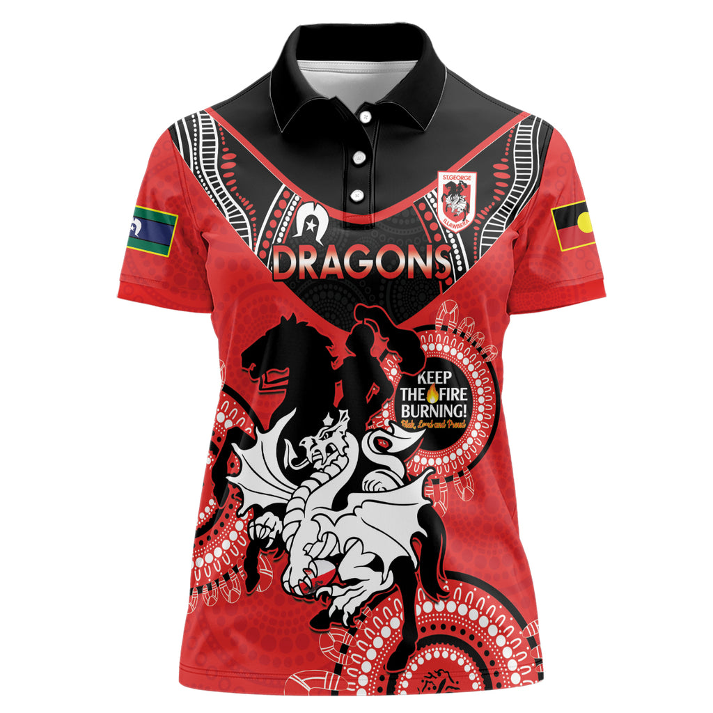 Custom NRL Dragons NAIDOC Week Women Polo Shirt Keep The Fire Burning Indigenous Art