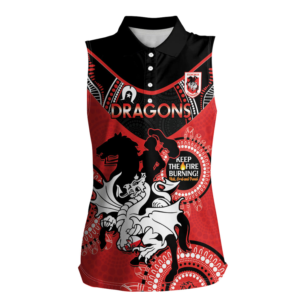 Custom NRL Dragons NAIDOC Week Women Sleeveless Polo Shirt Keep The Fire Burning Indigenous Art