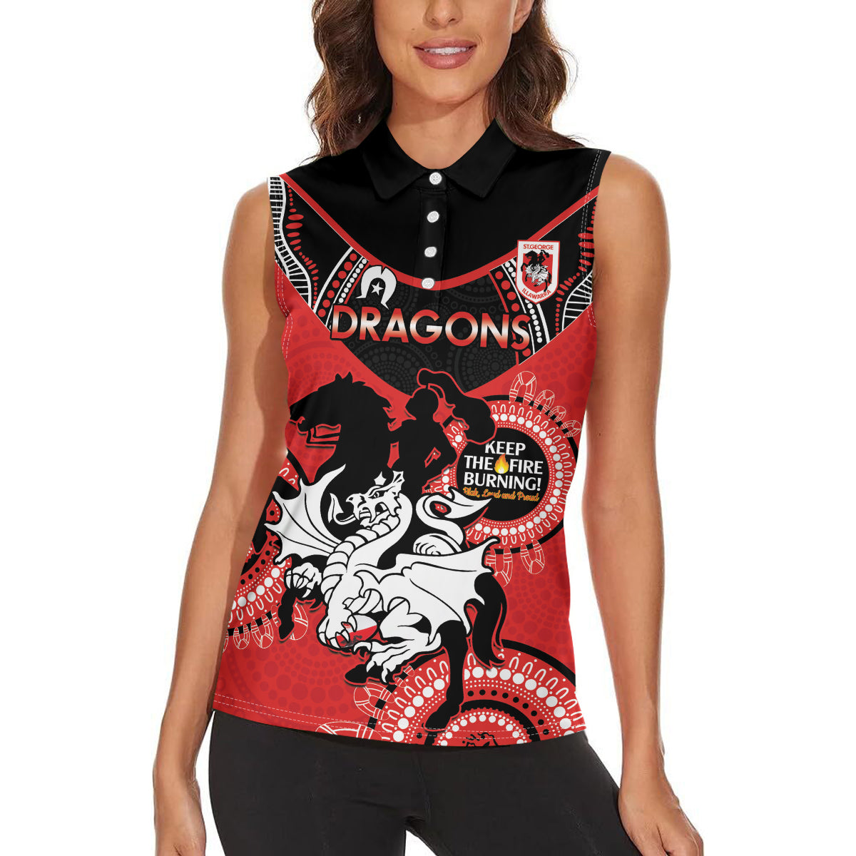 Custom NRL Dragons NAIDOC Week Women Sleeveless Polo Shirt Keep The Fire Burning Indigenous Art