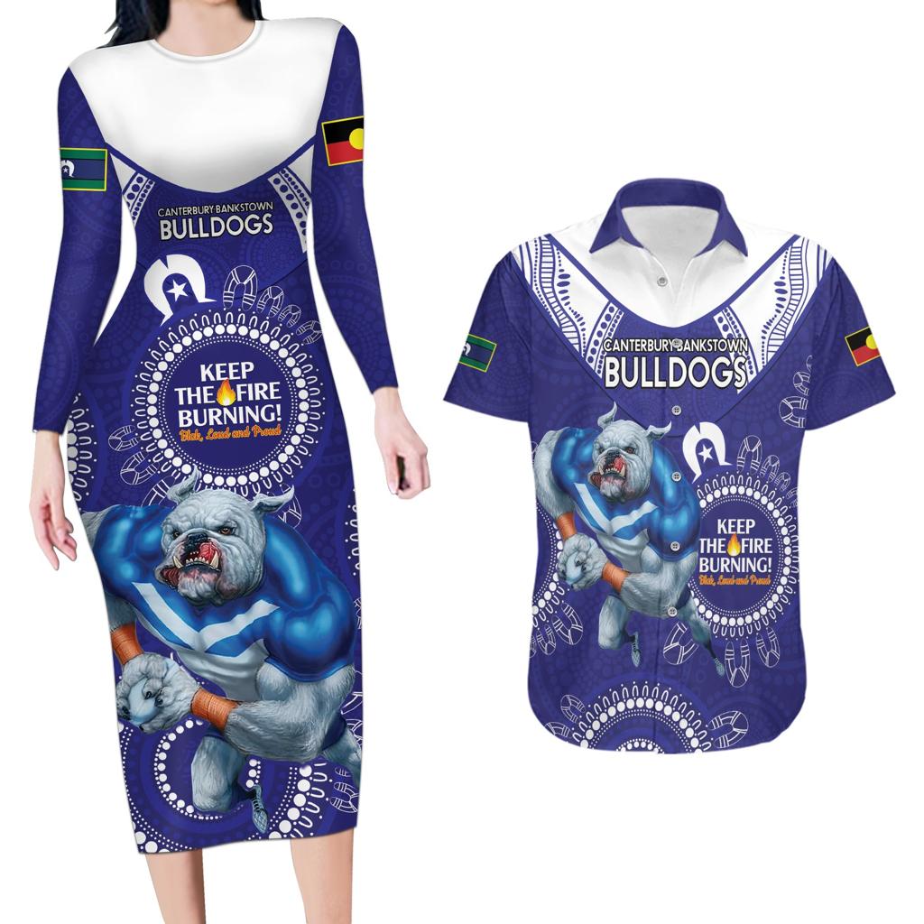 Custom NRL Bulldogs NAIDOC Week Couples Matching Long Sleeve Bodycon Dress and Hawaiian Shirt Keep The Fire Burning Indigenous Art