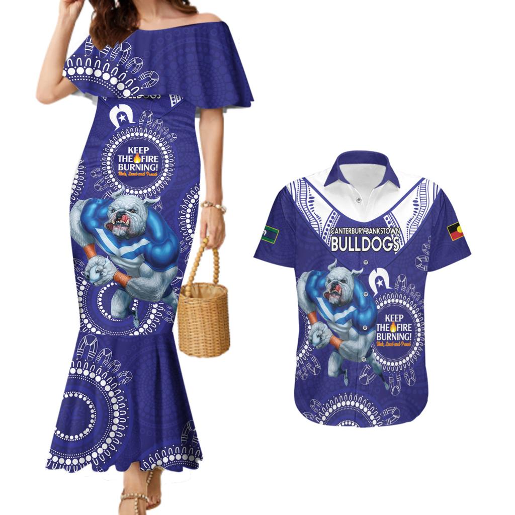 Custom NRL Bulldogs NAIDOC Week Couples Matching Mermaid Dress and Hawaiian Shirt Keep The Fire Burning Indigenous Art