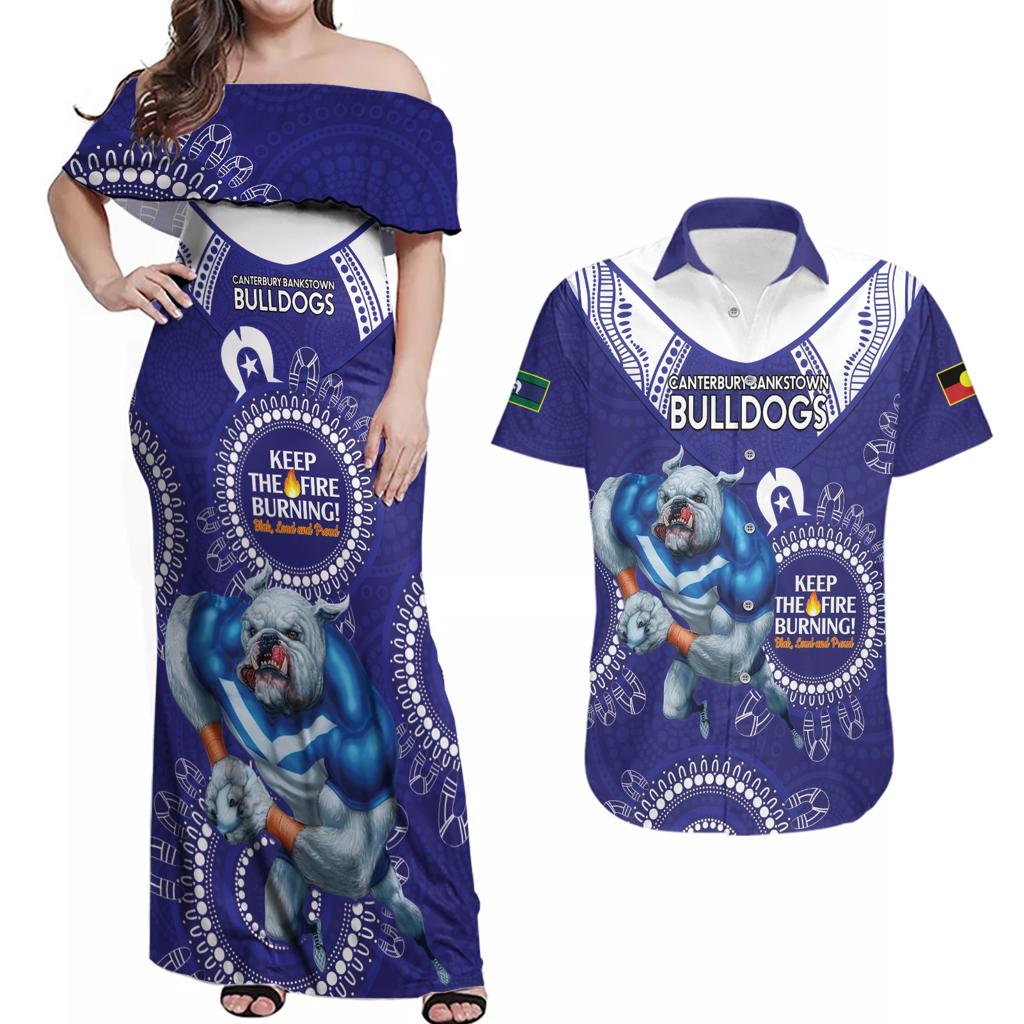 Custom NRL Bulldogs NAIDOC Week Couples Matching Off Shoulder Maxi Dress and Hawaiian Shirt Keep The Fire Burning Indigenous Art