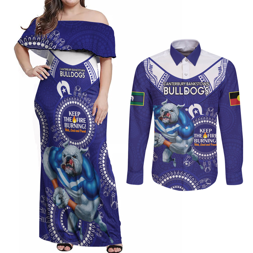 Custom NRL Bulldogs NAIDOC Week Couples Matching Off Shoulder Maxi Dress and Long Sleeve Button Shirt Keep The Fire Burning Indigenous Art