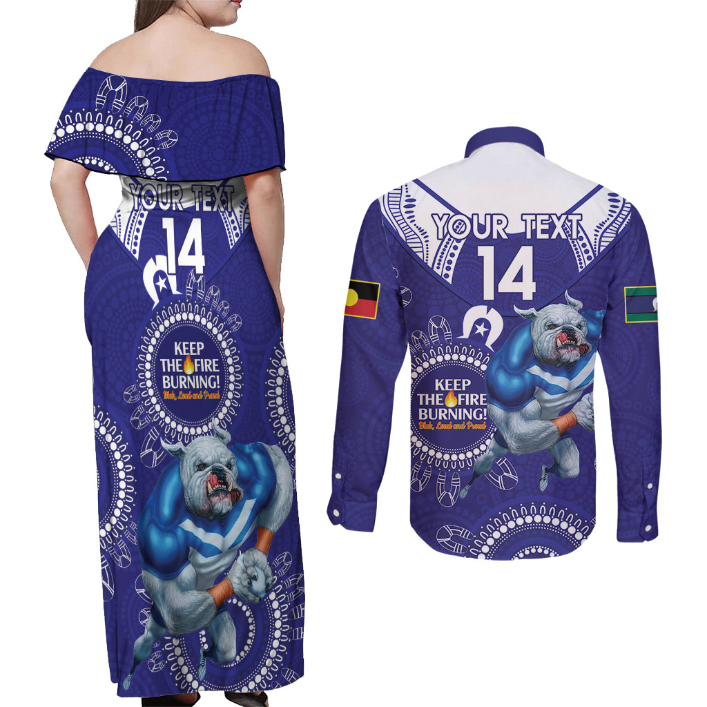 Custom NRL Bulldogs NAIDOC Week Couples Matching Off Shoulder Maxi Dress and Long Sleeve Button Shirt Keep The Fire Burning Indigenous Art