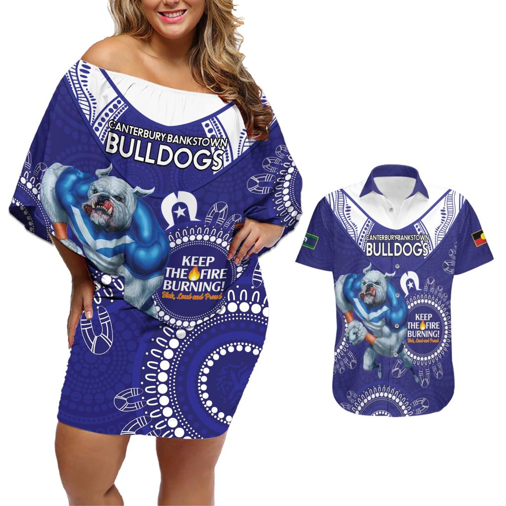 Custom NRL Bulldogs NAIDOC Week Couples Matching Off Shoulder Short Dress and Hawaiian Shirt Keep The Fire Burning Indigenous Art