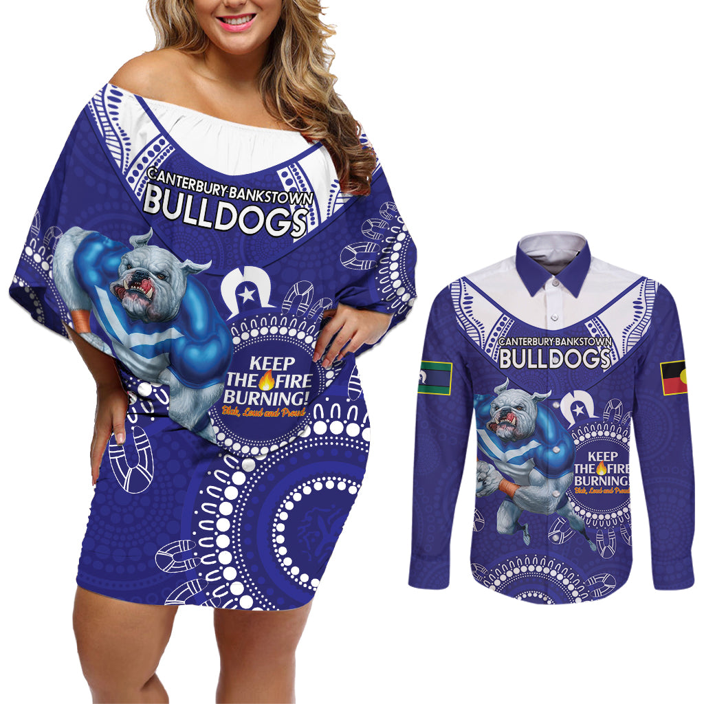 Custom NRL Bulldogs NAIDOC Week Couples Matching Off Shoulder Short Dress and Long Sleeve Button Shirt Keep The Fire Burning Indigenous Art