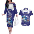 Custom NRL Bulldogs NAIDOC Week Couples Matching Off The Shoulder Long Sleeve Dress and Hawaiian Shirt Keep The Fire Burning Indigenous Art