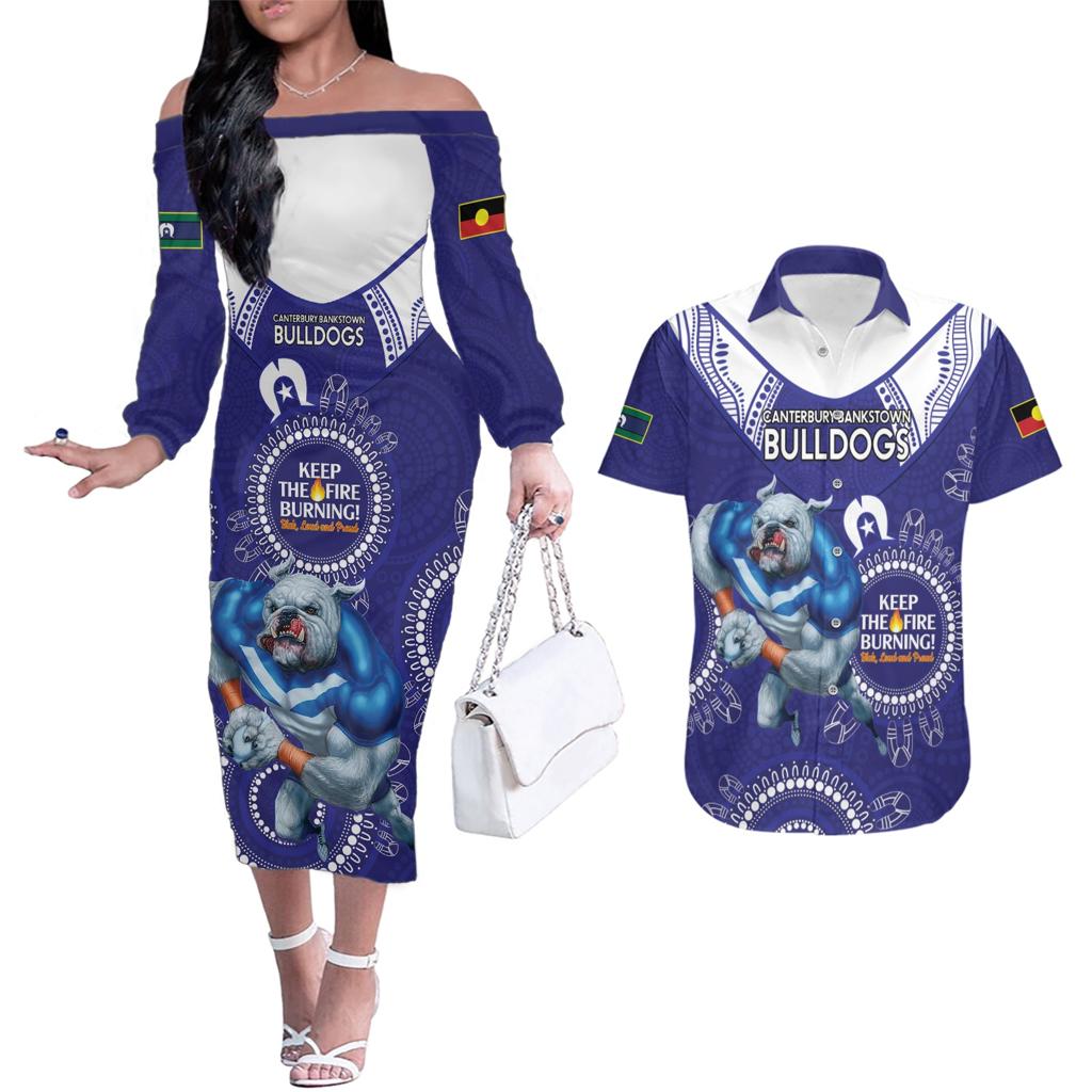 Custom NRL Bulldogs NAIDOC Week Couples Matching Off The Shoulder Long Sleeve Dress and Hawaiian Shirt Keep The Fire Burning Indigenous Art