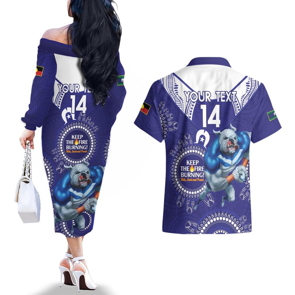 Custom NRL Bulldogs NAIDOC Week Couples Matching Off The Shoulder Long Sleeve Dress and Hawaiian Shirt Keep The Fire Burning Indigenous Art