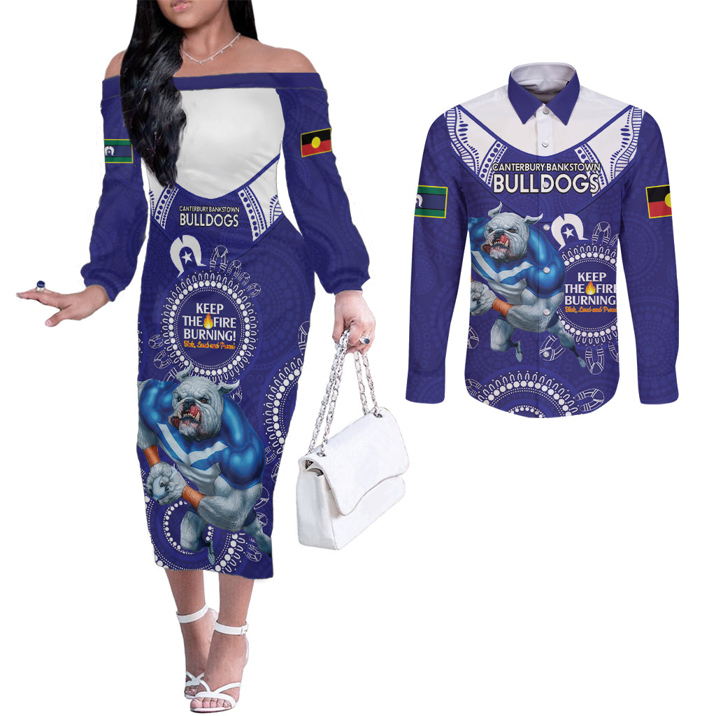 Custom NRL Bulldogs NAIDOC Week Couples Matching Off The Shoulder Long Sleeve Dress and Long Sleeve Button Shirt Keep The Fire Burning Indigenous Art