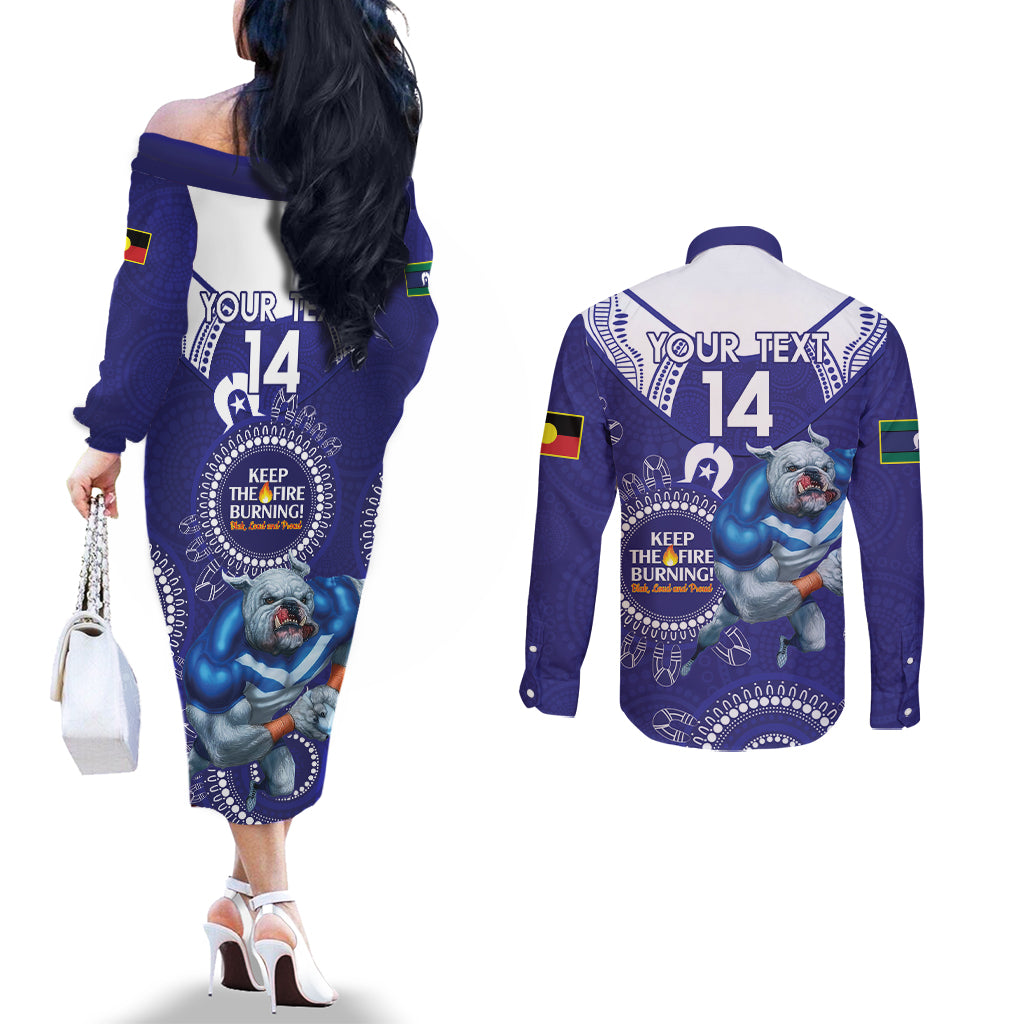 Custom NRL Bulldogs NAIDOC Week Couples Matching Off The Shoulder Long Sleeve Dress and Long Sleeve Button Shirt Keep The Fire Burning Indigenous Art