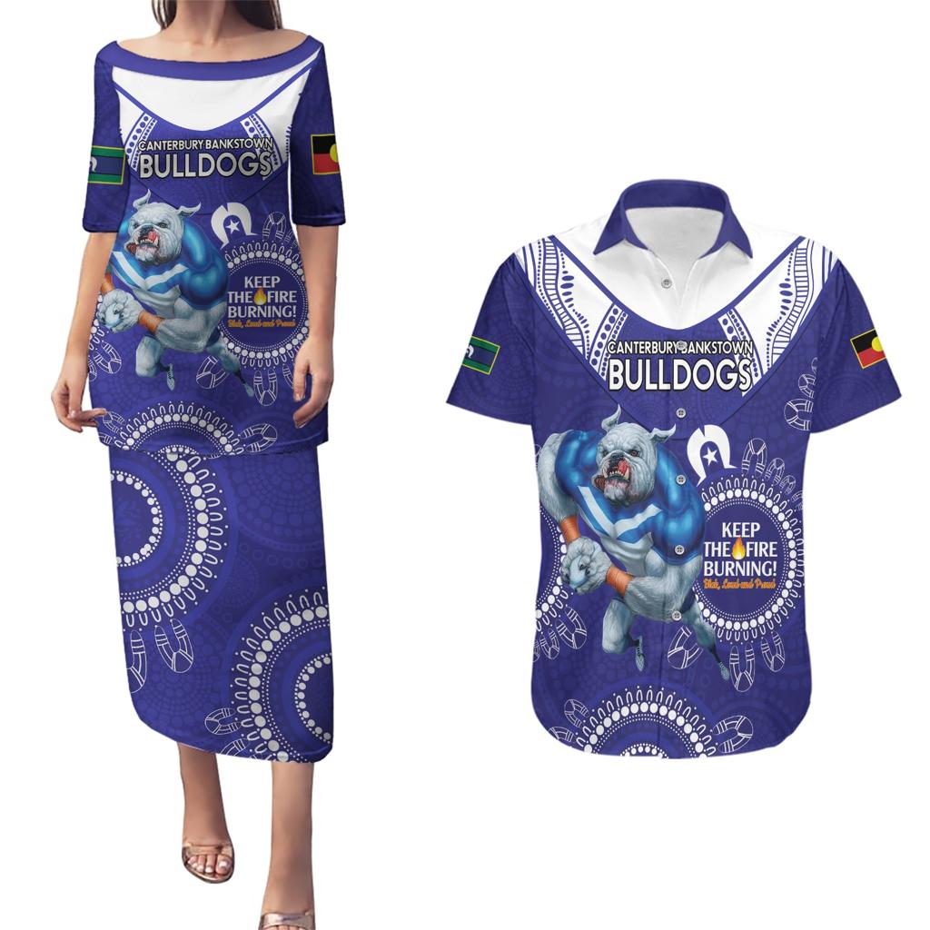 Custom NRL Bulldogs NAIDOC Week Couples Matching Puletasi and Hawaiian Shirt Keep The Fire Burning Indigenous Art