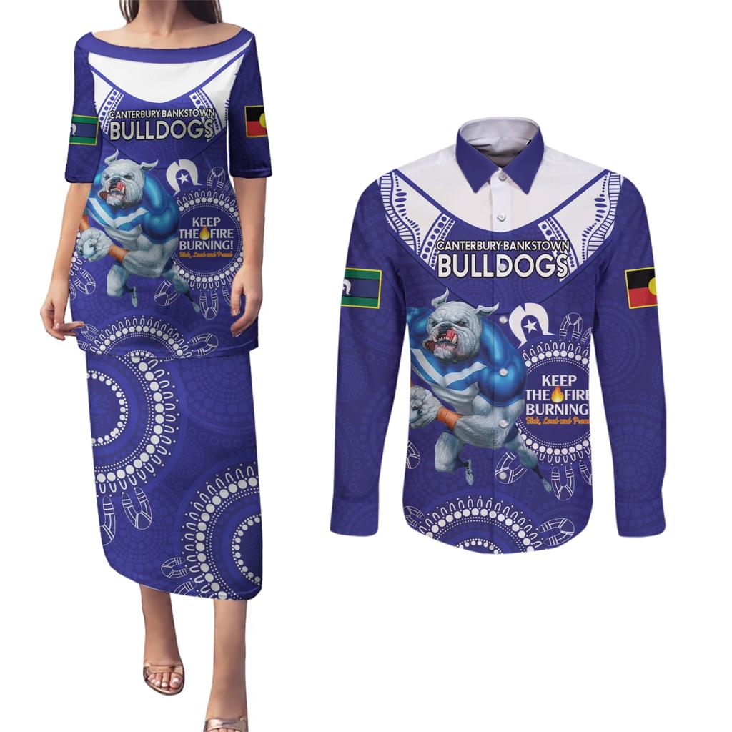 Custom NRL Bulldogs NAIDOC Week Couples Matching Puletasi and Long Sleeve Button Shirt Keep The Fire Burning Indigenous Art