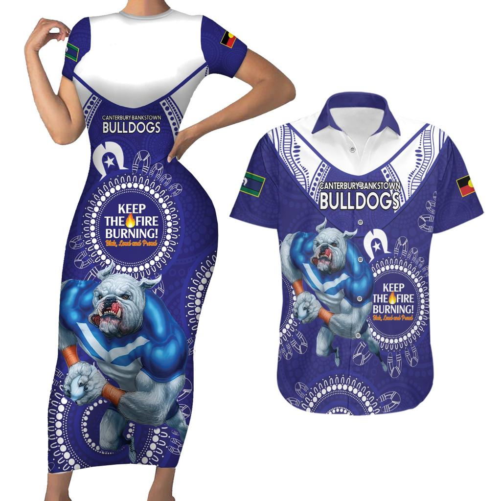 Custom NRL Bulldogs NAIDOC Week Couples Matching Short Sleeve Bodycon Dress and Hawaiian Shirt Keep The Fire Burning Indigenous Art