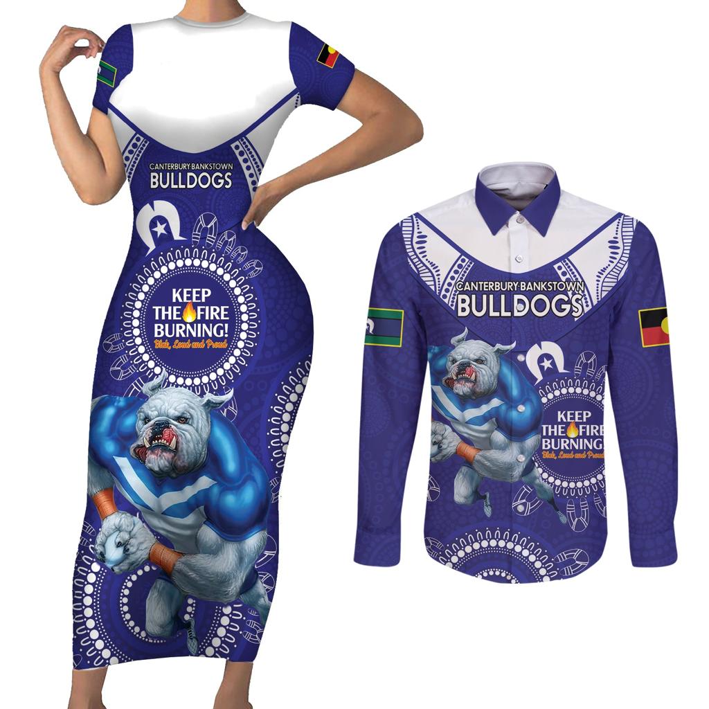 Custom NRL Bulldogs NAIDOC Week Couples Matching Short Sleeve Bodycon Dress and Long Sleeve Button Shirt Keep The Fire Burning Indigenous Art