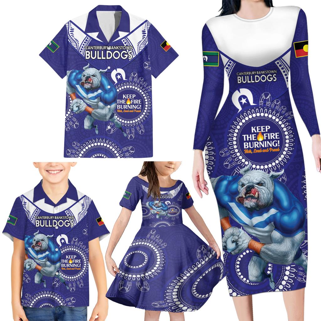 Custom NRL Bulldogs NAIDOC Week Family Matching Long Sleeve Bodycon Dress and Hawaiian Shirt Keep The Fire Burning Indigenous Art