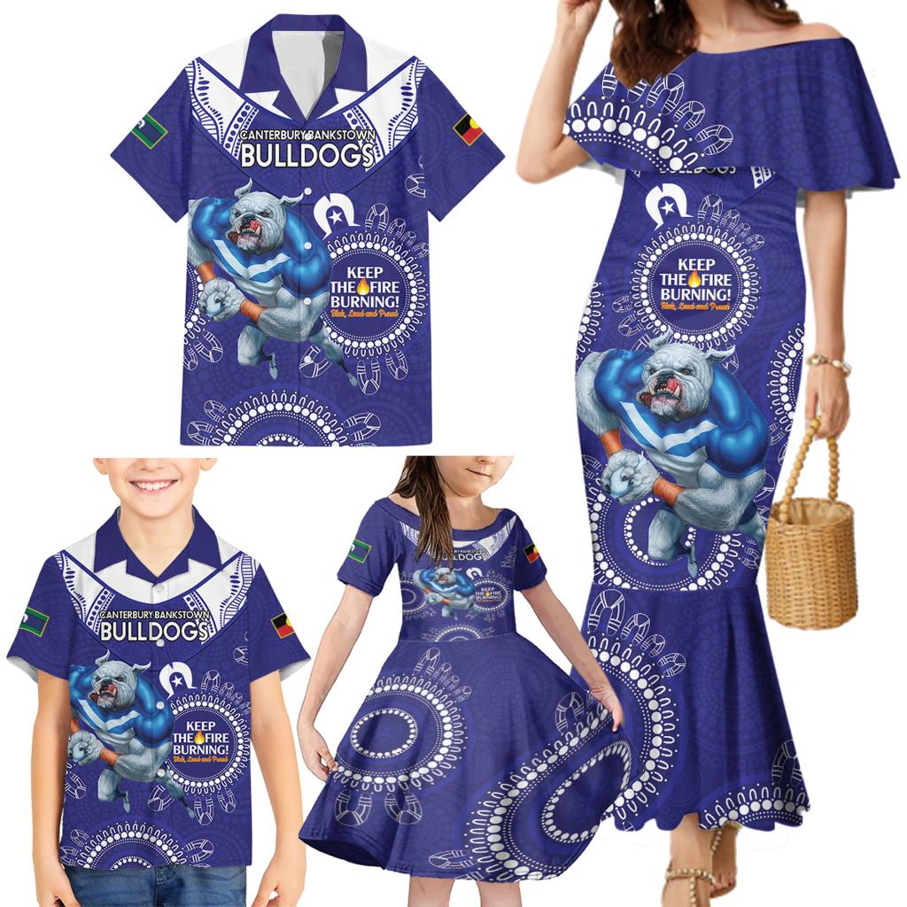 Custom NRL Bulldogs NAIDOC Week Family Matching Mermaid Dress and Hawaiian Shirt Keep The Fire Burning Indigenous Art