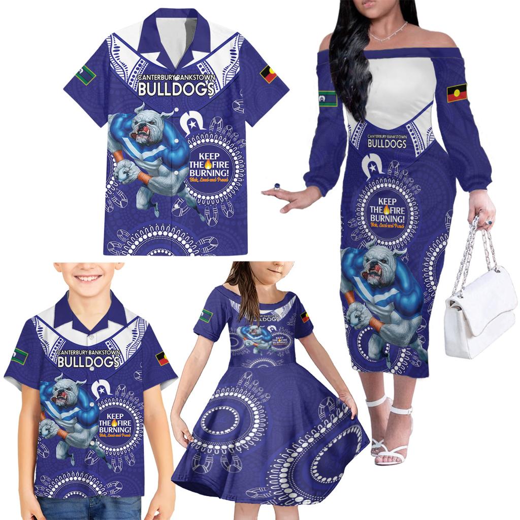 Custom NRL Bulldogs NAIDOC Week Family Matching Off The Shoulder Long Sleeve Dress and Hawaiian Shirt Keep The Fire Burning Indigenous Art