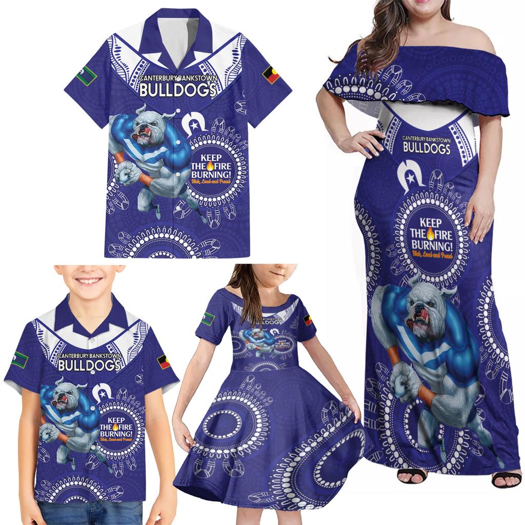 Custom NRL Bulldogs NAIDOC Week Family Matching Off Shoulder Maxi Dress and Hawaiian Shirt Keep The Fire Burning Indigenous Art