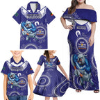 Custom NRL Bulldogs NAIDOC Week Family Matching Off Shoulder Maxi Dress and Hawaiian Shirt Keep The Fire Burning Indigenous Art